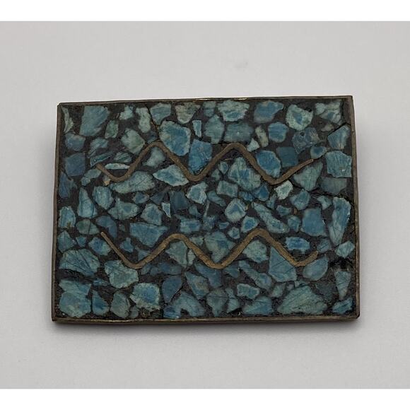 2" Turquoise Chips Channel Inlay Rectangle Brass Brooch Clasp has some issues - Picture 1 of 10